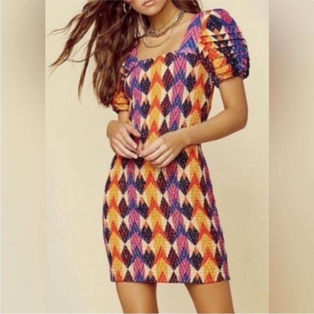 Farm Rio Colorful Puff Sleeve Mini Dress